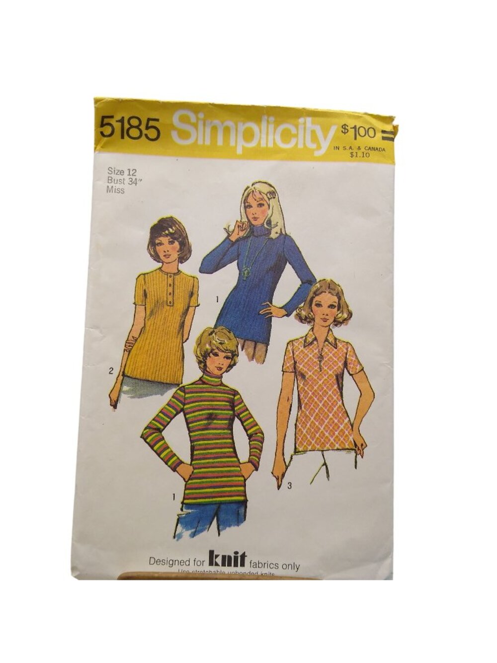 Vintage Sewing PATTERN Simplicity 5185, Womens for Knit Fabric 1972 Set of Tops